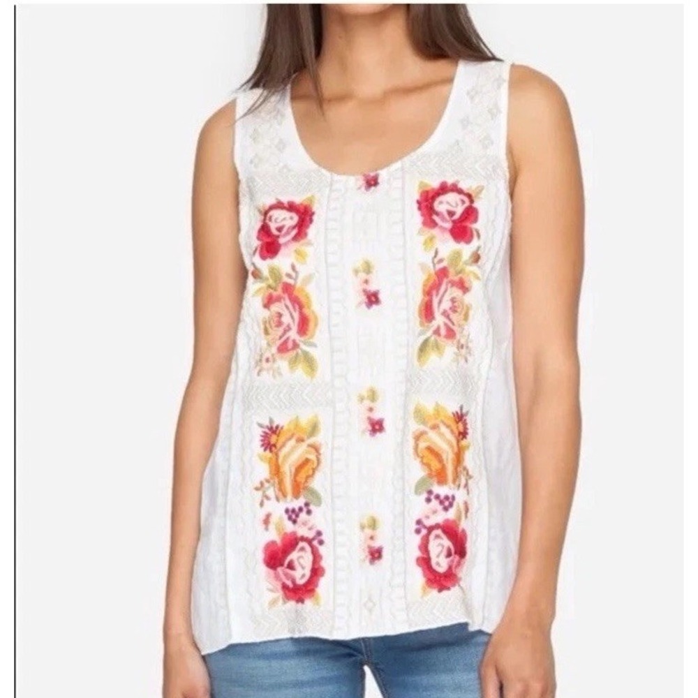 Johnny Was‎ Karlotta Linen Embroidered Top Tank Sz Large NWT $168 White Floral
